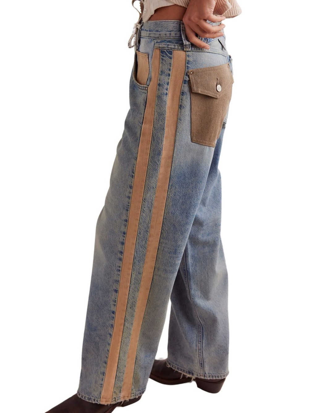 We The Free Zambi Slouchy Boyfriend Jeans in Faded Blue with Tan Stripes - Picture 3 of 16
